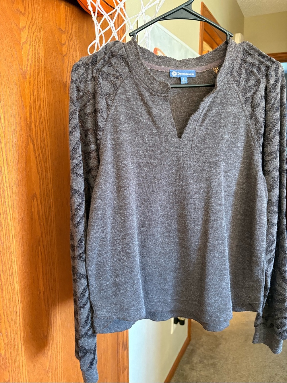 Democracy Brown Notch-Neck Pullover with Lace-Textured Sleeves